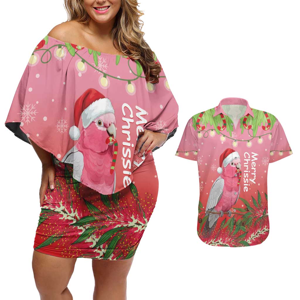 Personalised Galah Australia Christmas Couples Matching Off Shoulder Short Dress and Hawaiian Shirt Merry Chrissie Bottlebrushes - Aussie Hoodie