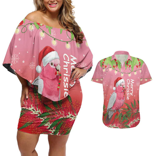Personalised Galah Australia Christmas Couples Matching Off Shoulder Short Dress and Hawaiian Shirt Merry Chrissie Bottlebrushes - Aussie Hoodie