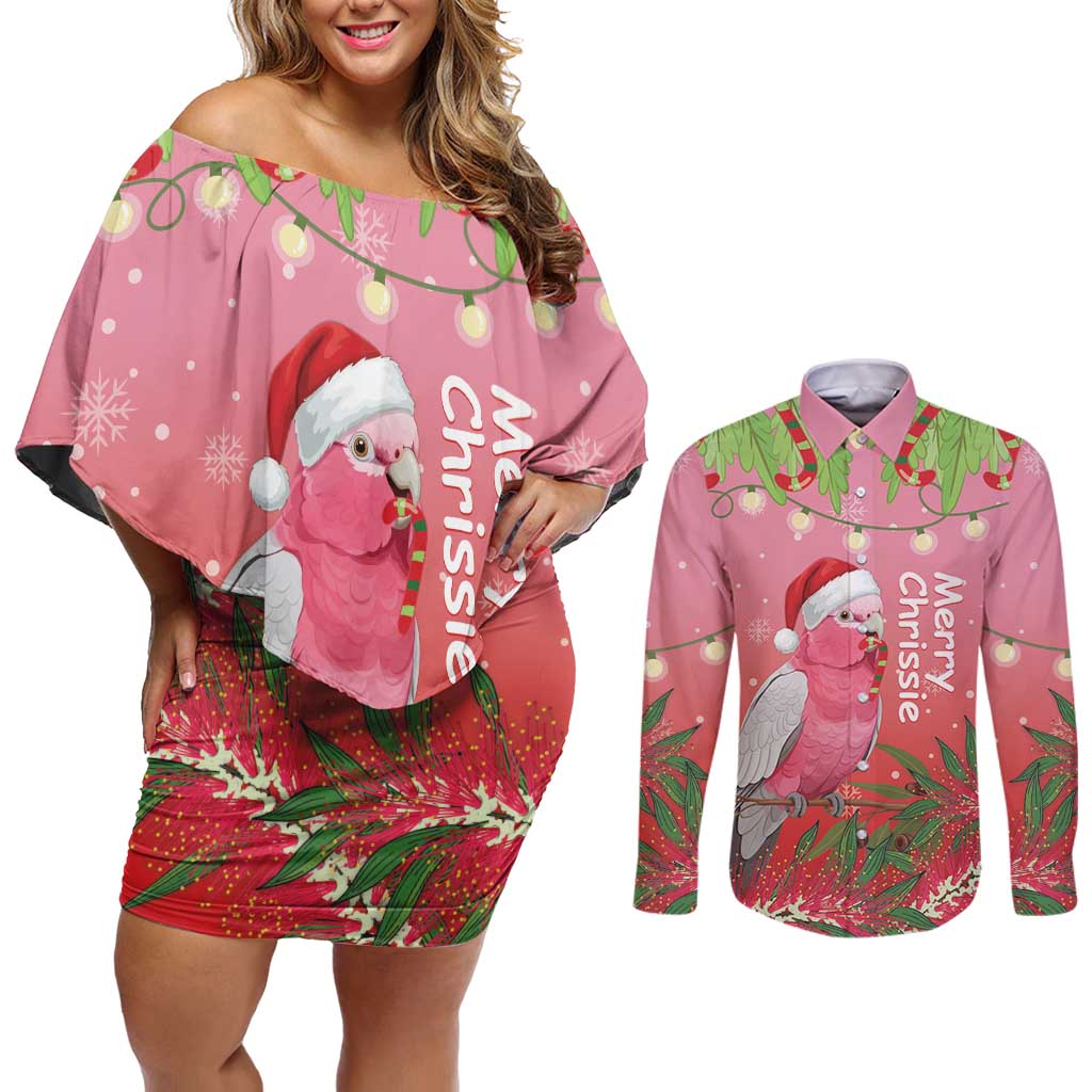 Personalised Galah Australia Christmas Couples Matching Off Shoulder Short Dress and Long Sleeve Button Shirt Merry Chrissie Bottlebrushes - Aussie Hoodie