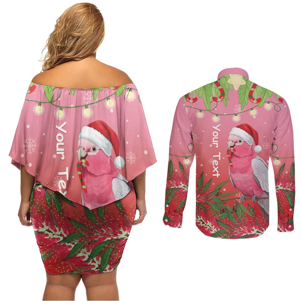 Personalised Galah Australia Christmas Couples Matching Off Shoulder Short Dress and Long Sleeve Button Shirt Merry Chrissie Bottlebrushes - Aussie Hoodie