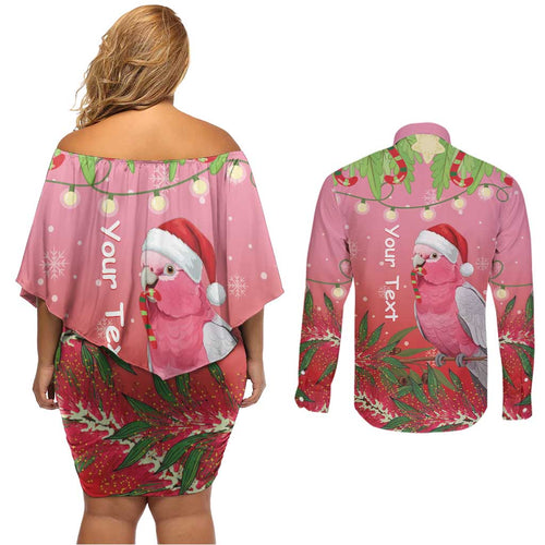 Personalised Galah Australia Christmas Couples Matching Off Shoulder Short Dress and Long Sleeve Button Shirt Merry Chrissie Bottlebrushes - Aussie Hoodie