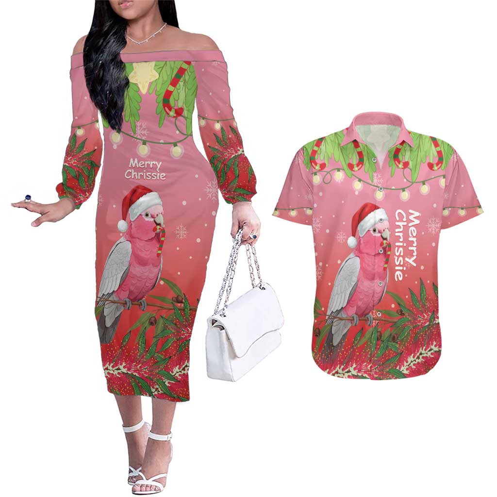 Personalised Galah Australia Christmas Couples Matching Off The Shoulder Long Sleeve Dress and Hawaiian Shirt Merry Chrissie Bottlebrushes - Aussie Hoodie