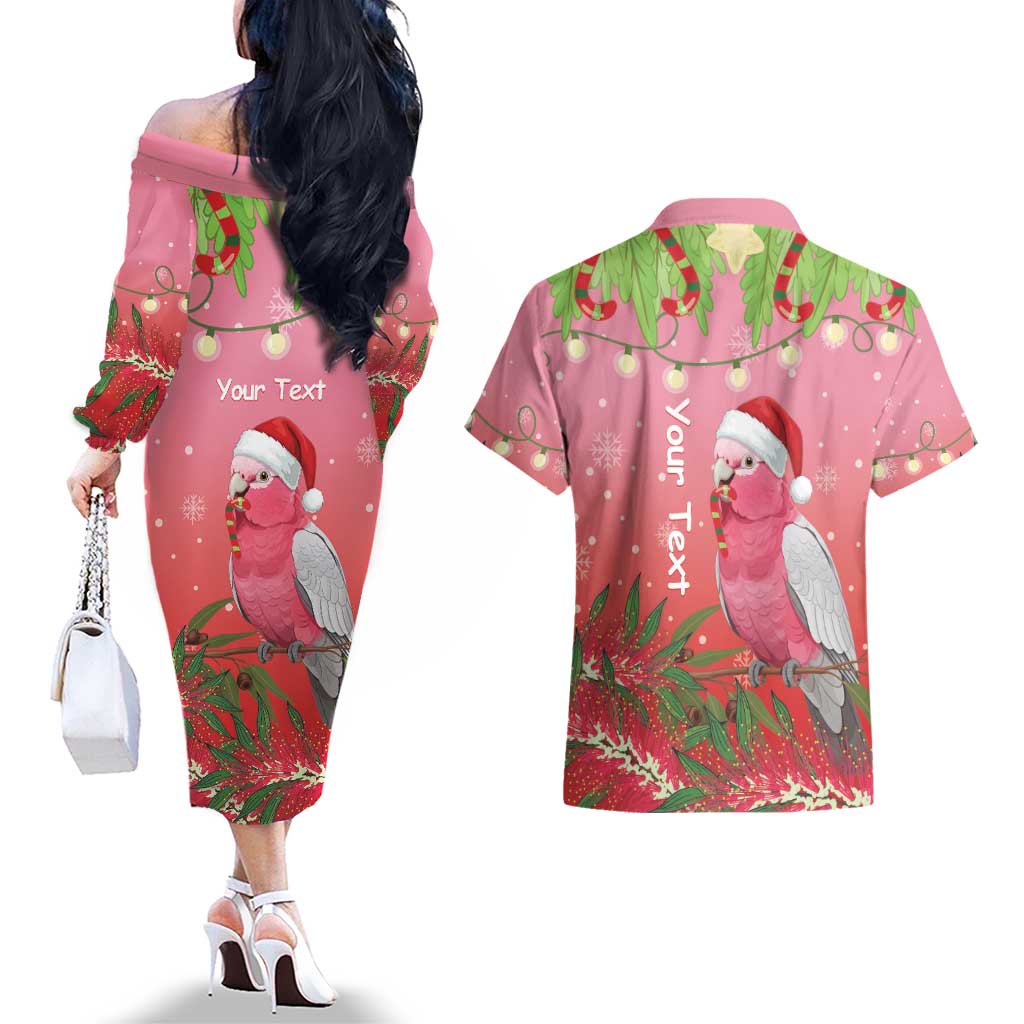 Personalised Galah Australia Christmas Couples Matching Off The Shoulder Long Sleeve Dress and Hawaiian Shirt Merry Chrissie Bottlebrushes - Aussie Hoodie