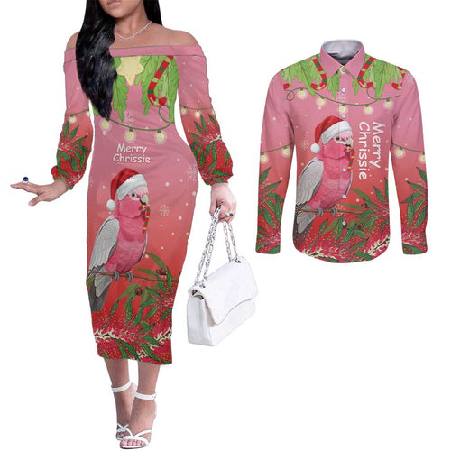Personalised Galah Australia Christmas Couples Matching Off The Shoulder Long Sleeve Dress and Long Sleeve Button Shirt Merry Chrissie Bottlebrushes - Aussie Hoodie