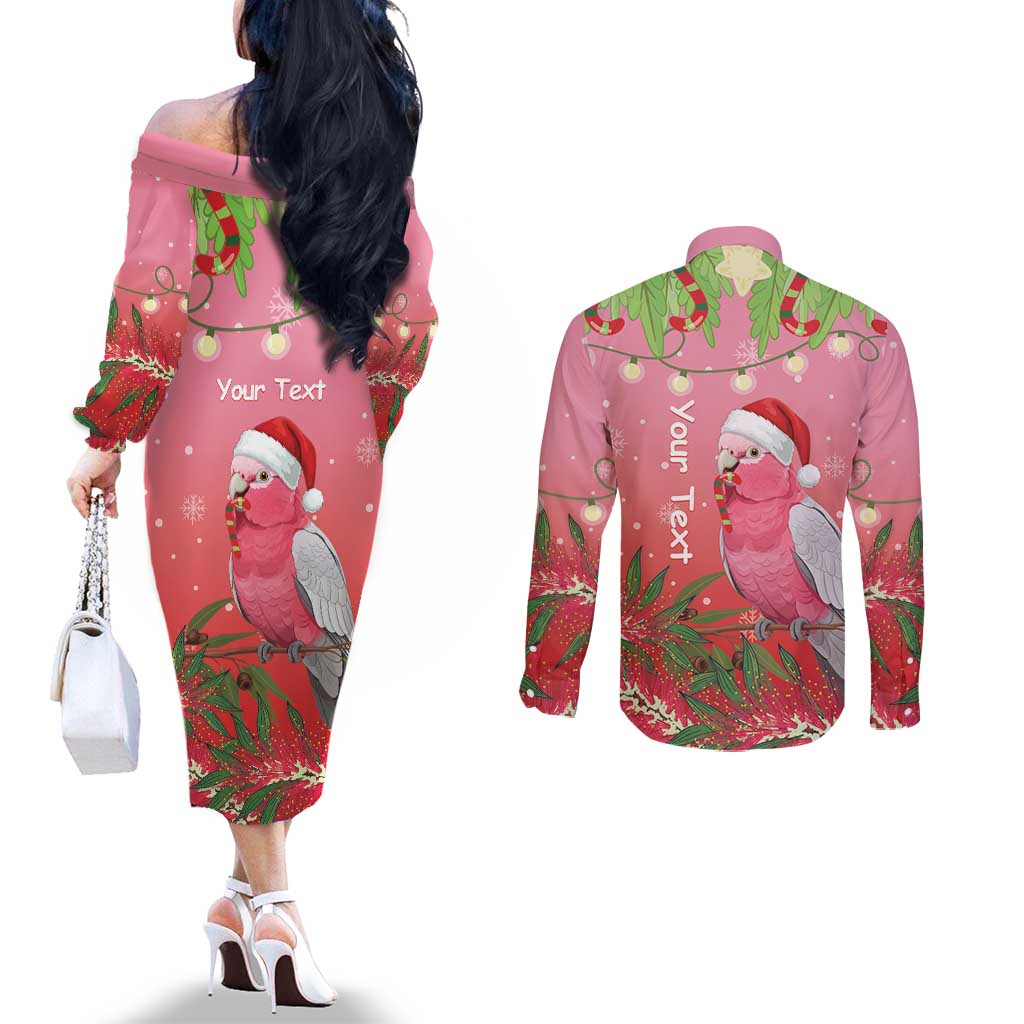 Personalised Galah Australia Christmas Couples Matching Off The Shoulder Long Sleeve Dress and Long Sleeve Button Shirt Merry Chrissie Bottlebrushes - Aussie Hoodie