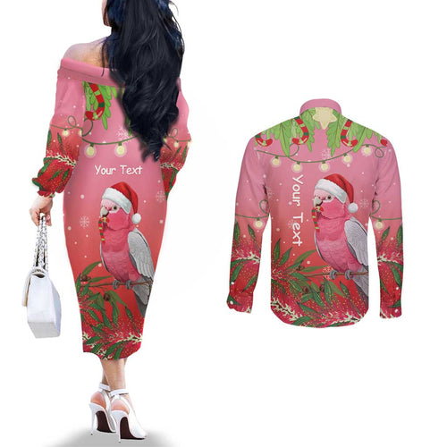 Personalised Galah Australia Christmas Couples Matching Off The Shoulder Long Sleeve Dress and Long Sleeve Button Shirt Merry Chrissie Bottlebrushes - Aussie Hoodie