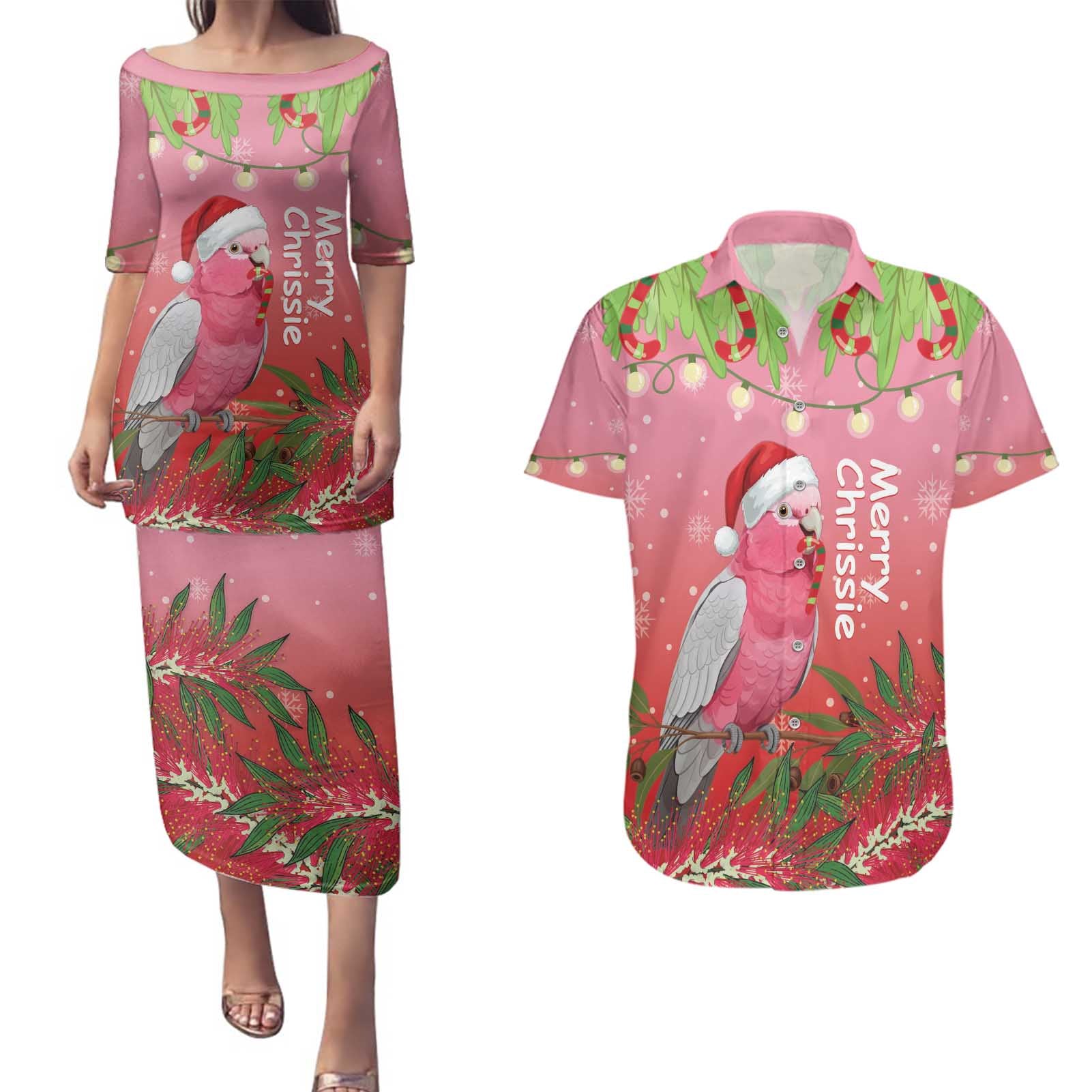 Personalised Galah Australia Christmas Couples Matching Puletasi and Hawaiian Shirt Merry Chrissie Bottlebrushes - Aussie Hoodie