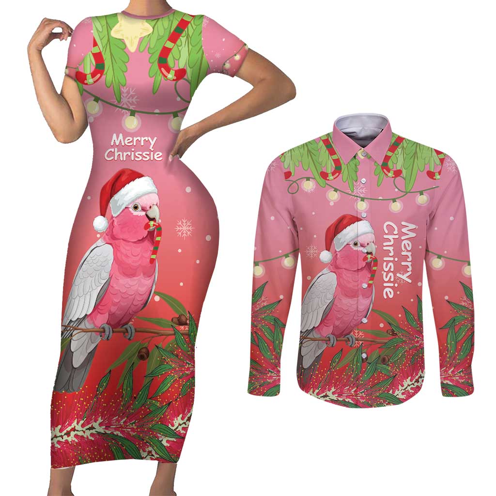 Personalised Galah Australia Christmas Couples Matching Short Sleeve Bodycon Dress and Long Sleeve Button Shirt Merry Chrissie Bottlebrushes - Aussie Hoodie
