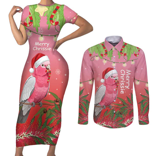 Personalised Galah Australia Christmas Couples Matching Short Sleeve Bodycon Dress and Long Sleeve Button Shirt Merry Chrissie Bottlebrushes - Aussie Hoodie