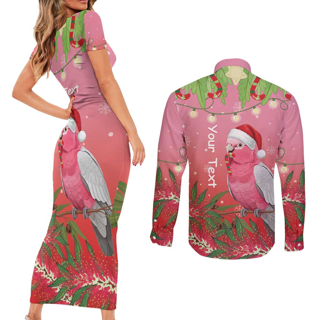 Personalised Galah Australia Christmas Couples Matching Short Sleeve Bodycon Dress and Long Sleeve Button Shirt Merry Chrissie Bottlebrushes - Aussie Hoodie