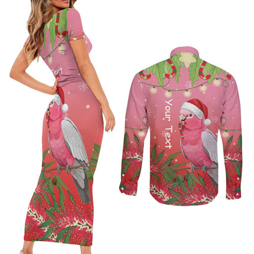 Personalised Galah Australia Christmas Couples Matching Short Sleeve Bodycon Dress and Long Sleeve Button Shirt Merry Chrissie Bottlebrushes - Aussie Hoodie
