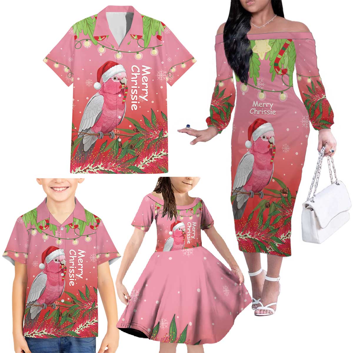 Personalised Galah Australia Christmas Family Matching Off The Shoulder Long Sleeve Dress and Hawaiian Shirt Merry Chrissie Bottlebrushes - Aussie Hoodie