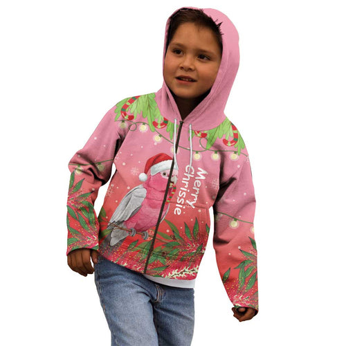 Personalised Galah Australia Christmas Kid Hoodie Merry Chrissie Bottlebrushes - Aussie Hoodie