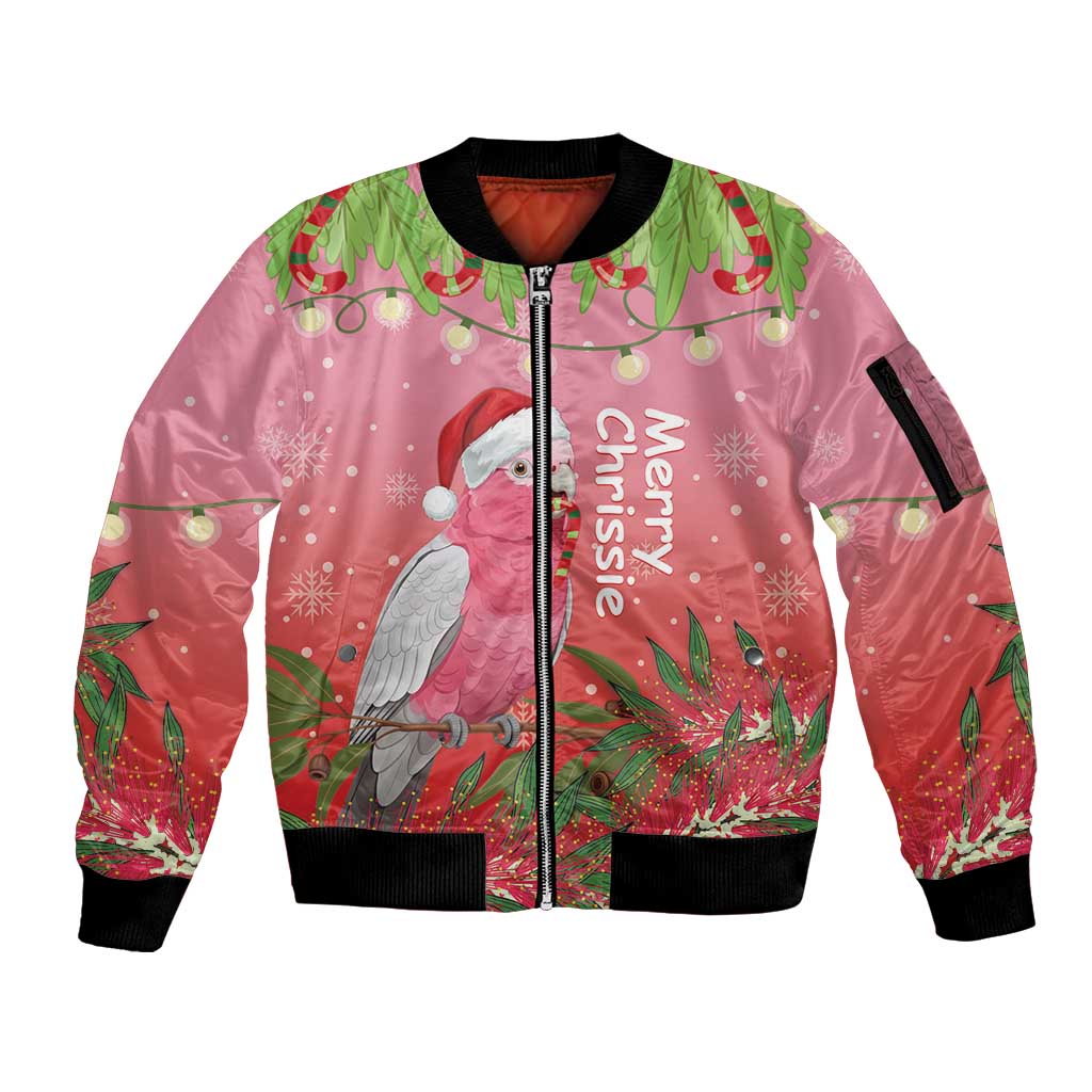 Personalised Galah Australia Christmas Sleeve Zip Bomber Jacket Merry Chrissie Bottlebrushes - Aussie Hoodie