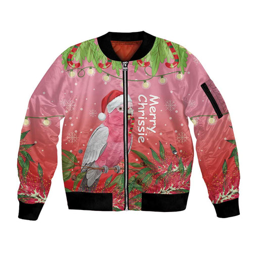 Personalised Galah Australia Christmas Sleeve Zip Bomber Jacket Merry Chrissie Bottlebrushes - Aussie Hoodie