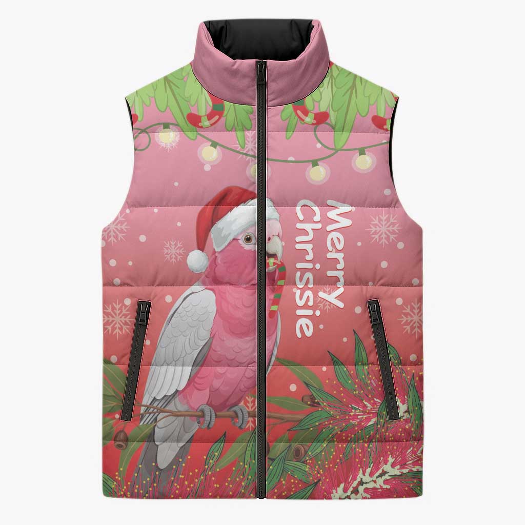 Personalised Galah Australia Christmas Sleeveless Puffer Jacket Merry Chrissie Bottlebrushes - Aussie Hoodie