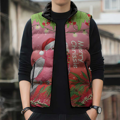 Personalised Galah Australia Christmas Sleeveless Puffer Jacket Merry Chrissie Bottlebrushes - Aussie Hoodie