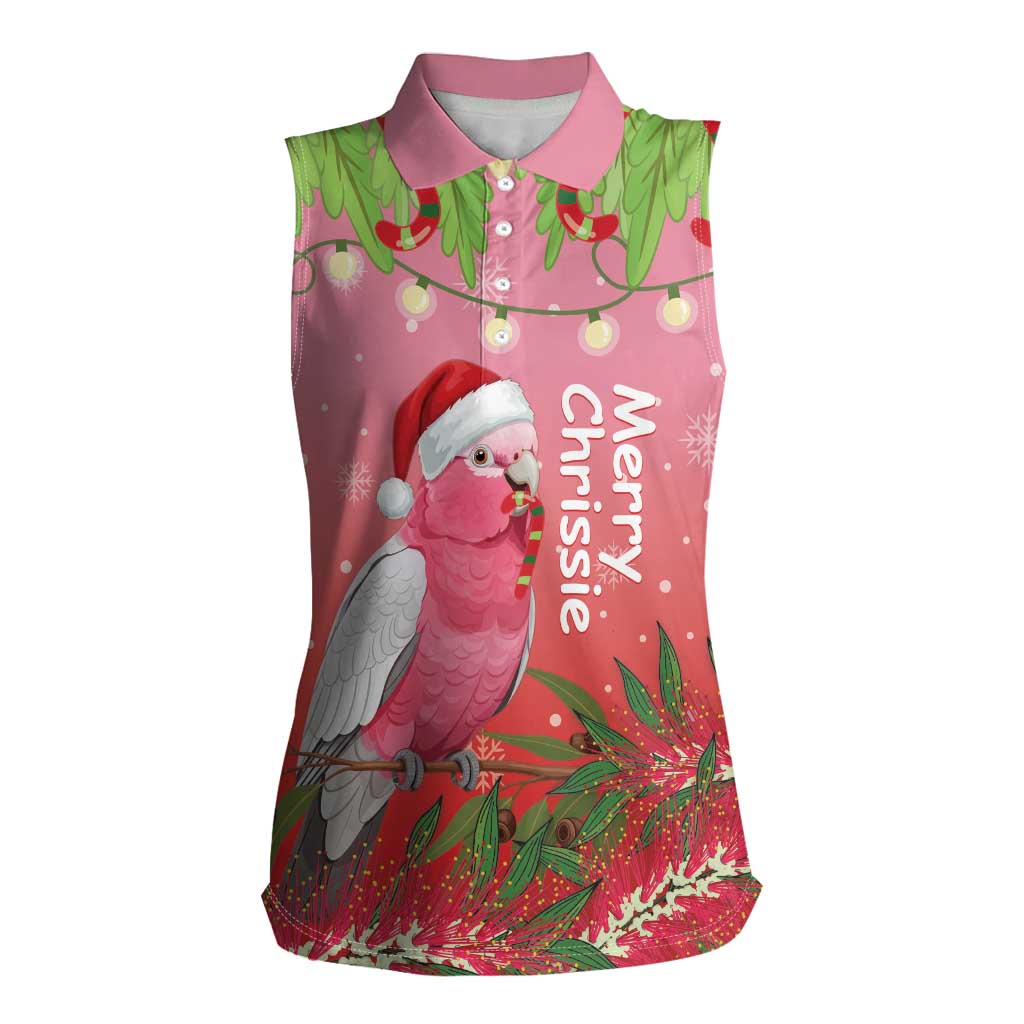 Personalised Galah Australia Christmas Women Sleeveless Polo Shirt Merry Chrissie Bottlebrushes - Aussie Hoodie