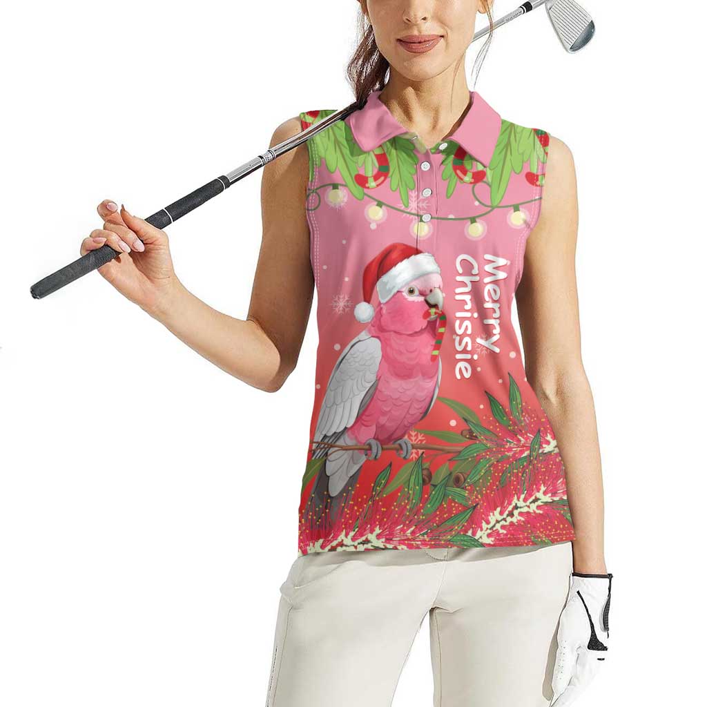 Personalised Galah Australia Christmas Women Sleeveless Polo Shirt Merry Chrissie Bottlebrushes - Aussie Hoodie