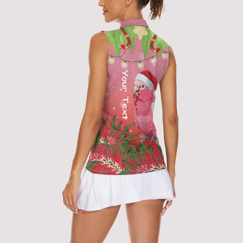 Personalised Galah Australia Christmas Women Sleeveless Polo Shirt Merry Chrissie Bottlebrushes - Aussie Hoodie