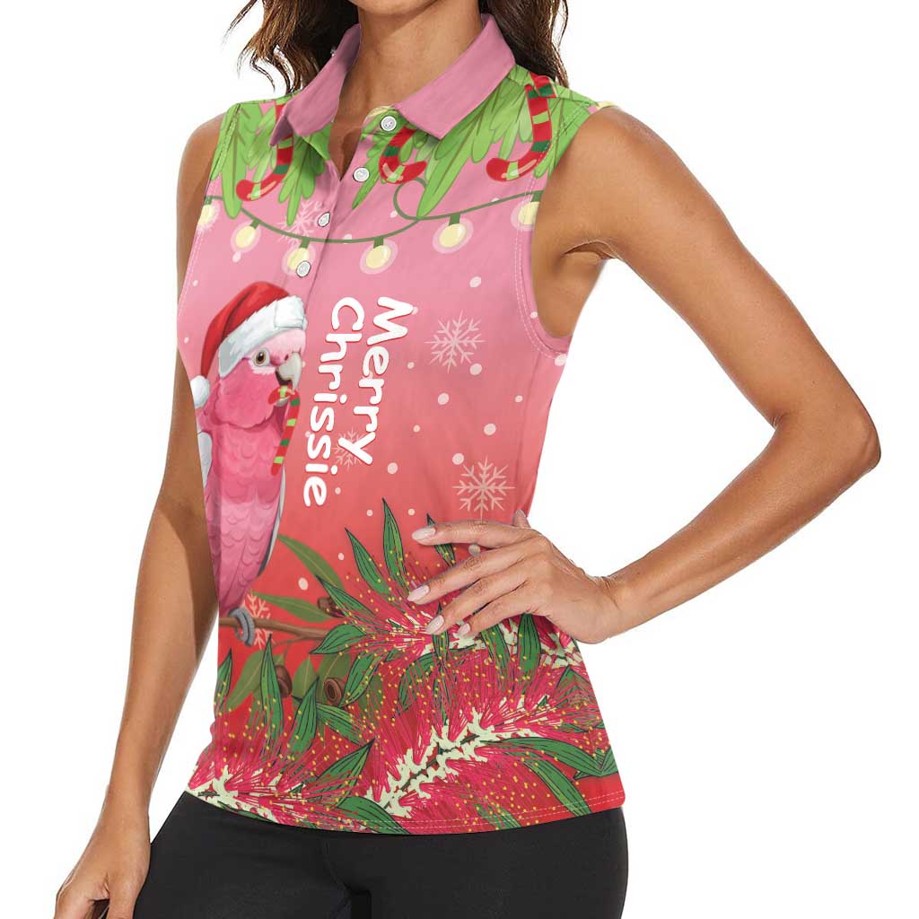 Personalised Galah Australia Christmas Women Sleeveless Polo Shirt Merry Chrissie Bottlebrushes - Aussie Hoodie