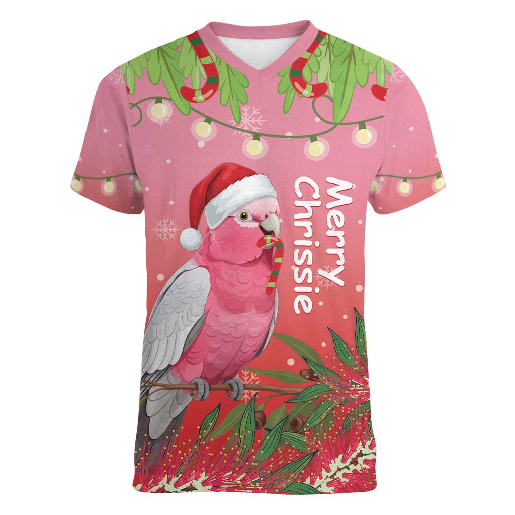 Personalised Galah Australia Christmas Women V-Neck T-Shirt Merry Chrissie Bottlebrushes - Aussie Hoodie