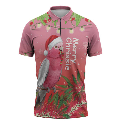 Personalised Galah Australia Christmas Zipper Polo Shirt Merry Chrissie Bottlebrushes - Aussie Hoodie