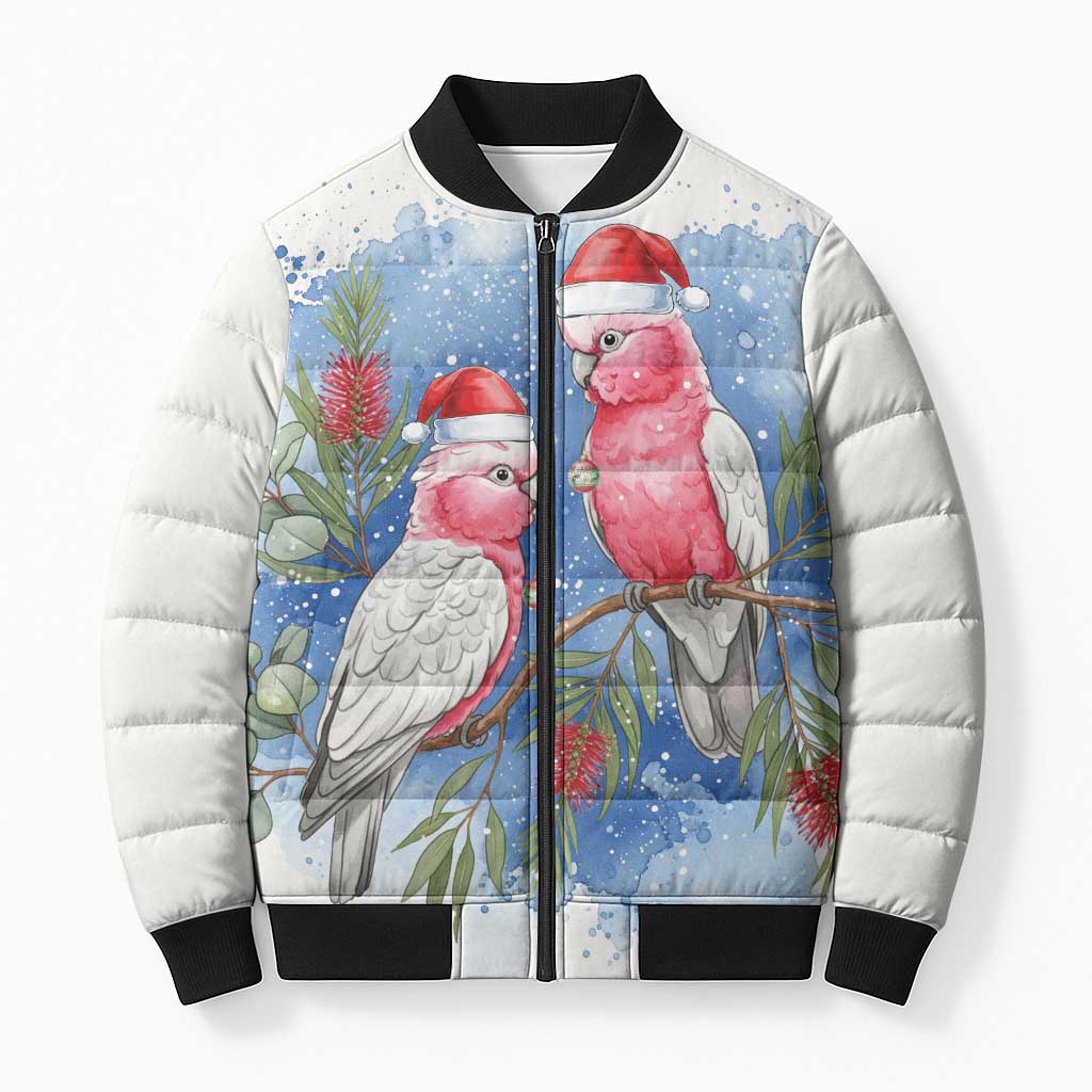 Australia Christmas Bomber Puffer Jacket Aussie Galah Santa Watercolor Style - Aussie Hoodie