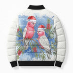 Australia Christmas Bomber Puffer Jacket Aussie Galah Santa Watercolor Style - Aussie Hoodie