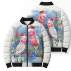 Australia Christmas Bomber Puffer Jacket Aussie Galah Santa Watercolor Style - Aussie Hoodie