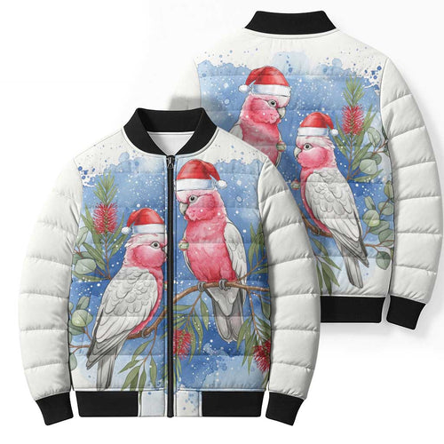 Australia Christmas Bomber Puffer Jacket Aussie Galah Santa Watercolor Style - Aussie Hoodie