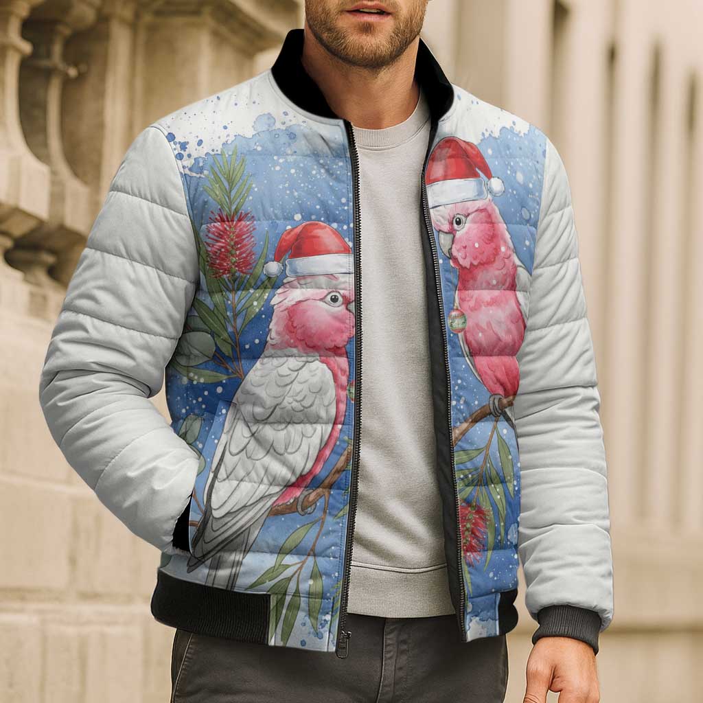 Australia Christmas Bomber Puffer Jacket Aussie Galah Santa Watercolor Style - Aussie Hoodie