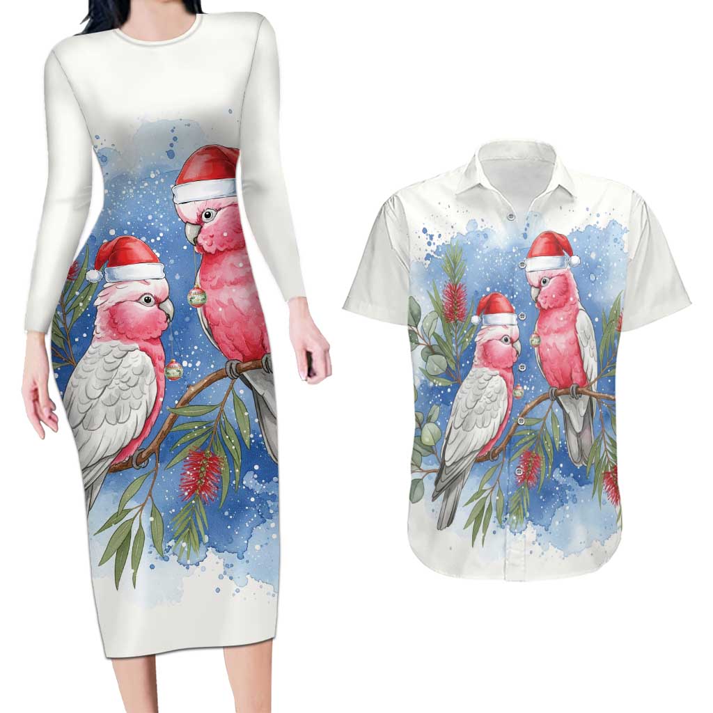 Australia Christmas Couples Matching Long Sleeve Bodycon Dress and Hawaiian Shirt Aussie Galah Santa Watercolor Style - Aussie Hoodie