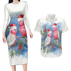 Australia Christmas Couples Matching Long Sleeve Bodycon Dress and Hawaiian Shirt Aussie Galah Santa Watercolor Style - Aussie Hoodie