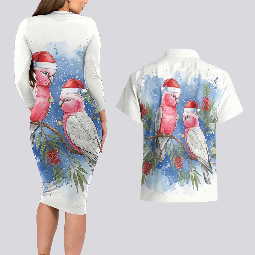 Australia Christmas Couples Matching Long Sleeve Bodycon Dress and Hawaiian Shirt Aussie Galah Santa Watercolor Style - Aussie Hoodie