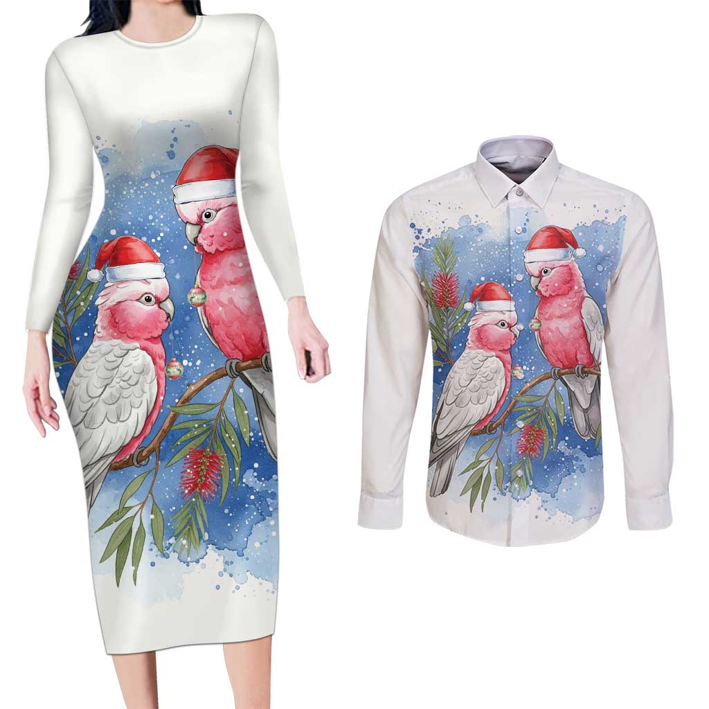 Australia Christmas Couples Matching Long Sleeve Bodycon Dress and Long Sleeve Button Shirt Aussie Galah Santa Watercolor Style - Aussie Hoodie