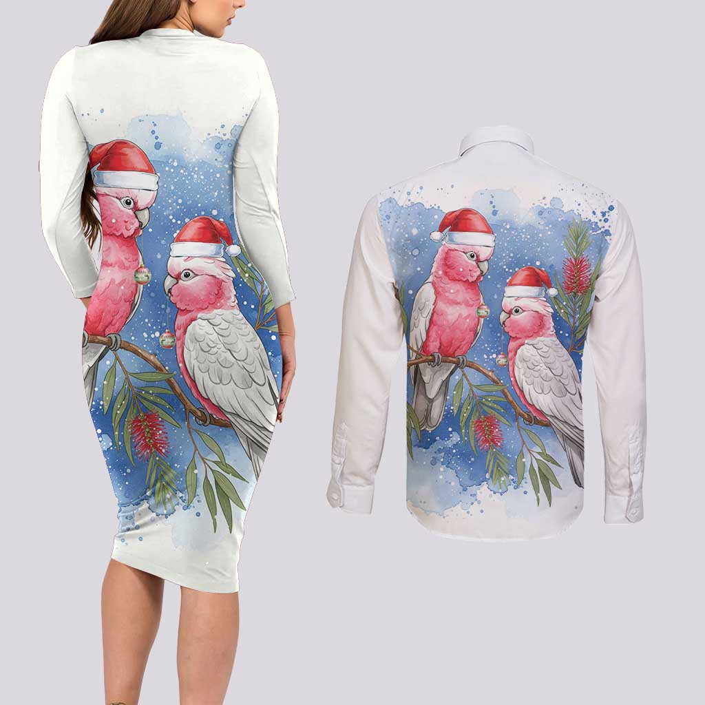 Australia Christmas Couples Matching Long Sleeve Bodycon Dress and Long Sleeve Button Shirt Aussie Galah Santa Watercolor Style - Aussie Hoodie