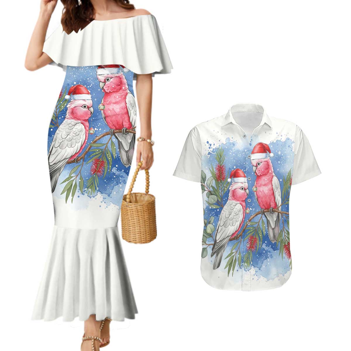 Australia Christmas Couples Matching Mermaid Dress and Hawaiian Shirt Aussie Galah Santa Watercolor Style - Aussie Hoodie