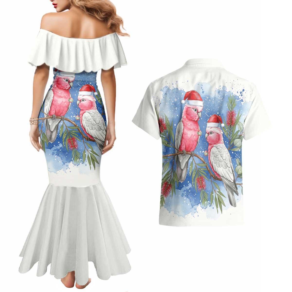 Australia Christmas Couples Matching Mermaid Dress and Hawaiian Shirt Aussie Galah Santa Watercolor Style - Aussie Hoodie