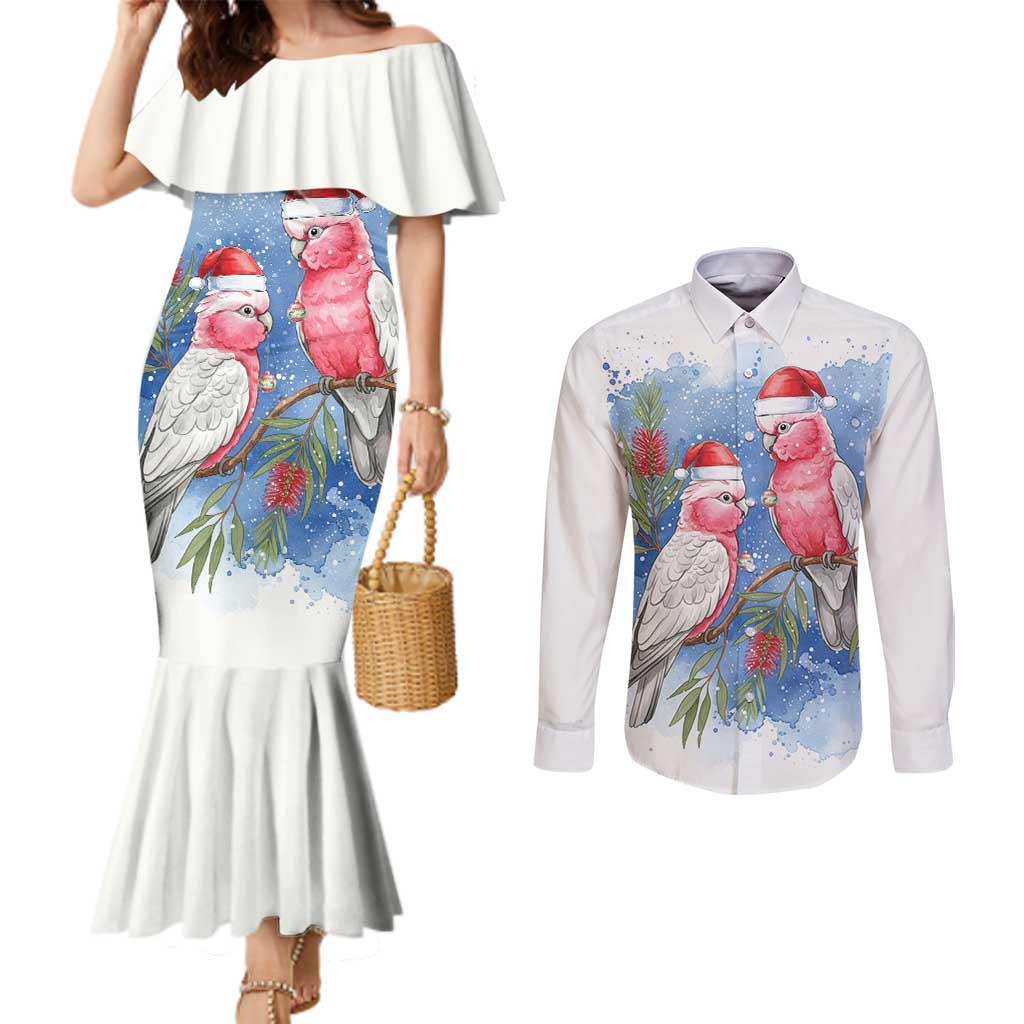 Australia Christmas Couples Matching Mermaid Dress and Long Sleeve Button Shirt Aussie Galah Santa Watercolor Style - Aussie Hoodie