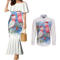 Australia Christmas Couples Matching Mermaid Dress and Long Sleeve Button Shirt Aussie Galah Santa Watercolor Style - Aussie Hoodie