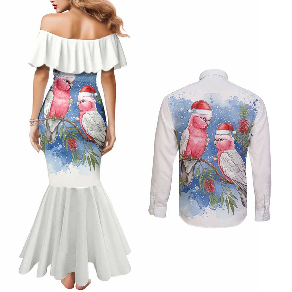 Australia Christmas Couples Matching Mermaid Dress and Long Sleeve Button Shirt Aussie Galah Santa Watercolor Style - Aussie Hoodie