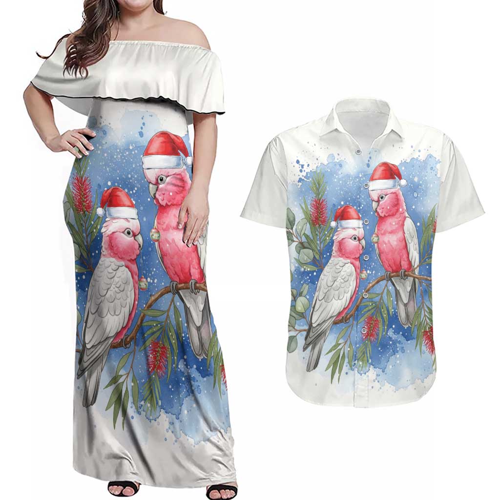 Australia Christmas Couples Matching Off Shoulder Maxi Dress and Hawaiian Shirt Aussie Galah Santa Watercolor Style - Aussie Hoodie