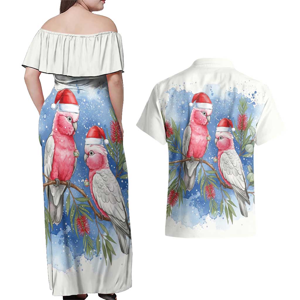 Australia Christmas Couples Matching Off Shoulder Maxi Dress and Hawaiian Shirt Aussie Galah Santa Watercolor Style - Aussie Hoodie
