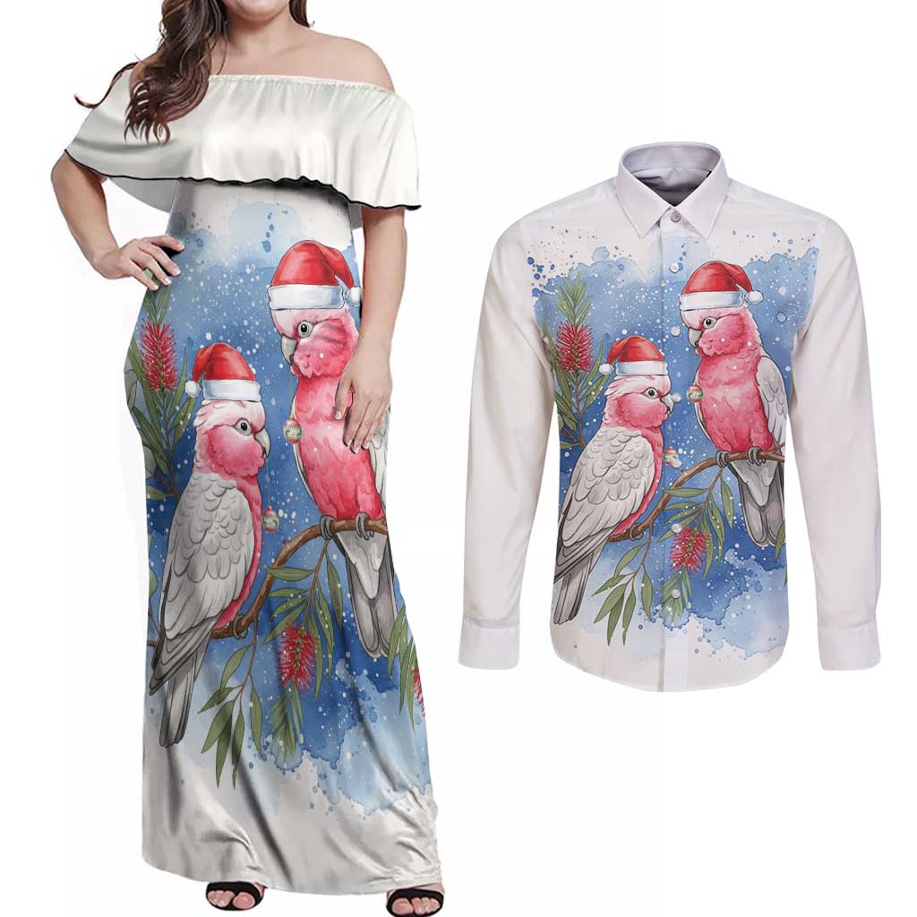 Australia Christmas Couples Matching Off Shoulder Maxi Dress and Long Sleeve Button Shirt Aussie Galah Santa Watercolor Style - Aussie Hoodie