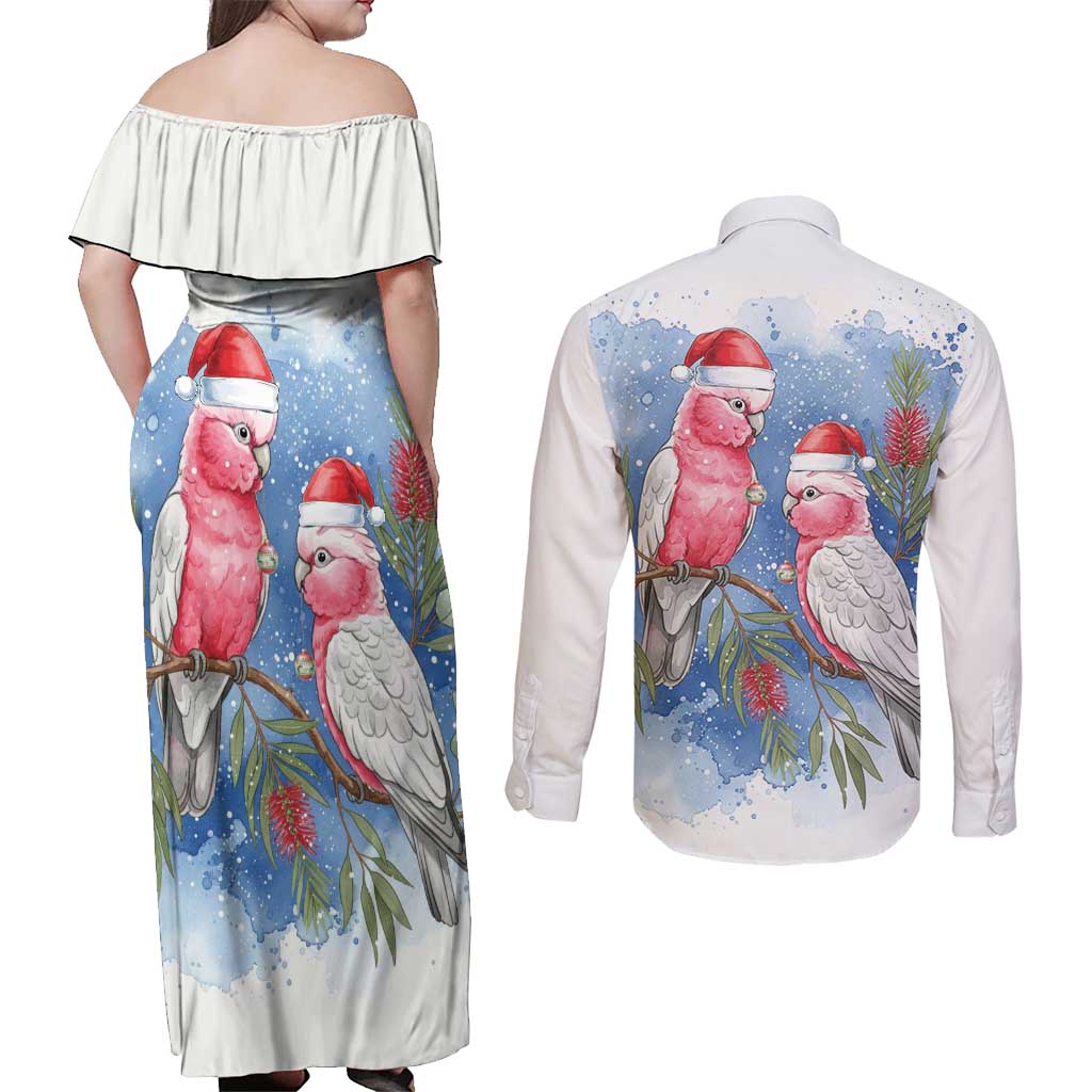 Australia Christmas Couples Matching Off Shoulder Maxi Dress and Long Sleeve Button Shirt Aussie Galah Santa Watercolor Style - Aussie Hoodie