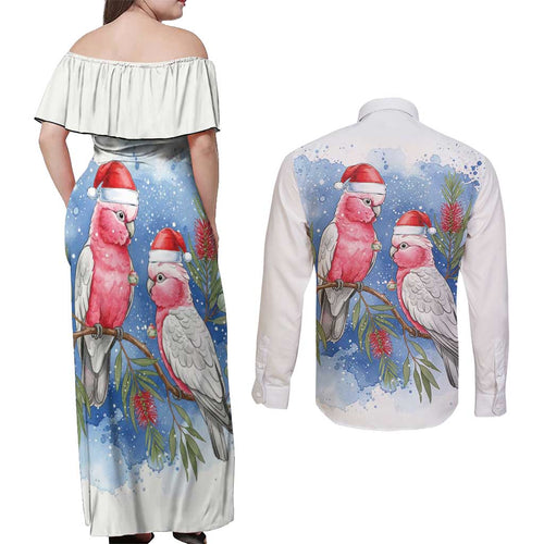 Australia Christmas Couples Matching Off Shoulder Maxi Dress and Long Sleeve Button Shirt Aussie Galah Santa Watercolor Style - Aussie Hoodie