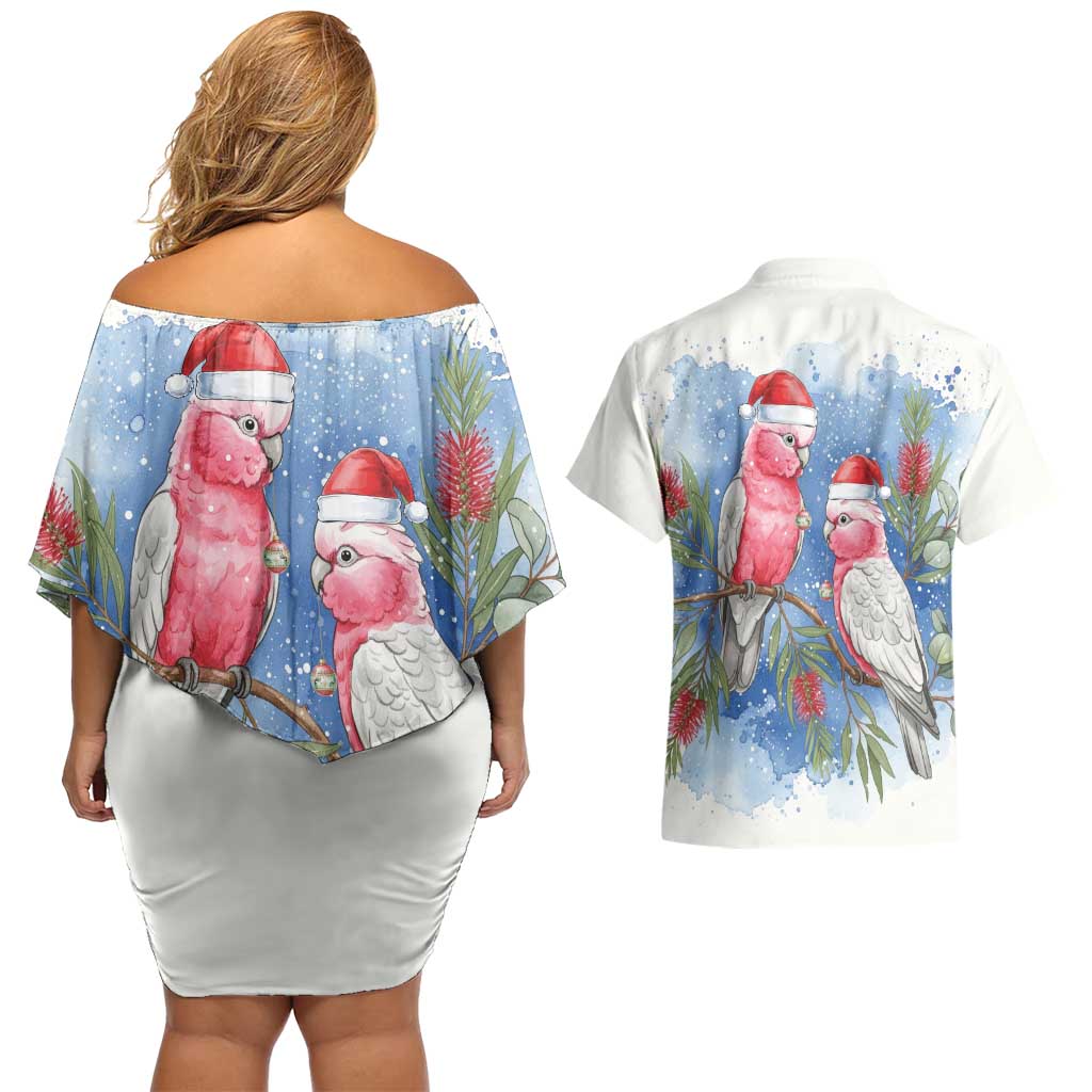 Australia Christmas Couples Matching Off Shoulder Short Dress and Hawaiian Shirt Aussie Galah Santa Watercolor Style - Aussie Hoodie