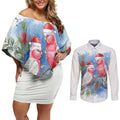 Australia Christmas Couples Matching Off Shoulder Short Dress and Long Sleeve Button Shirt Aussie Galah Santa Watercolor Style - Aussie Hoodie