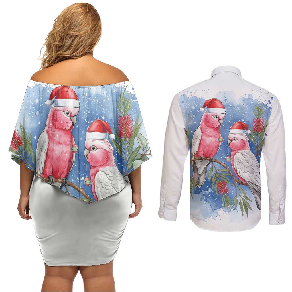 Australia Christmas Couples Matching Off Shoulder Short Dress and Long Sleeve Button Shirt Aussie Galah Santa Watercolor Style - Aussie Hoodie